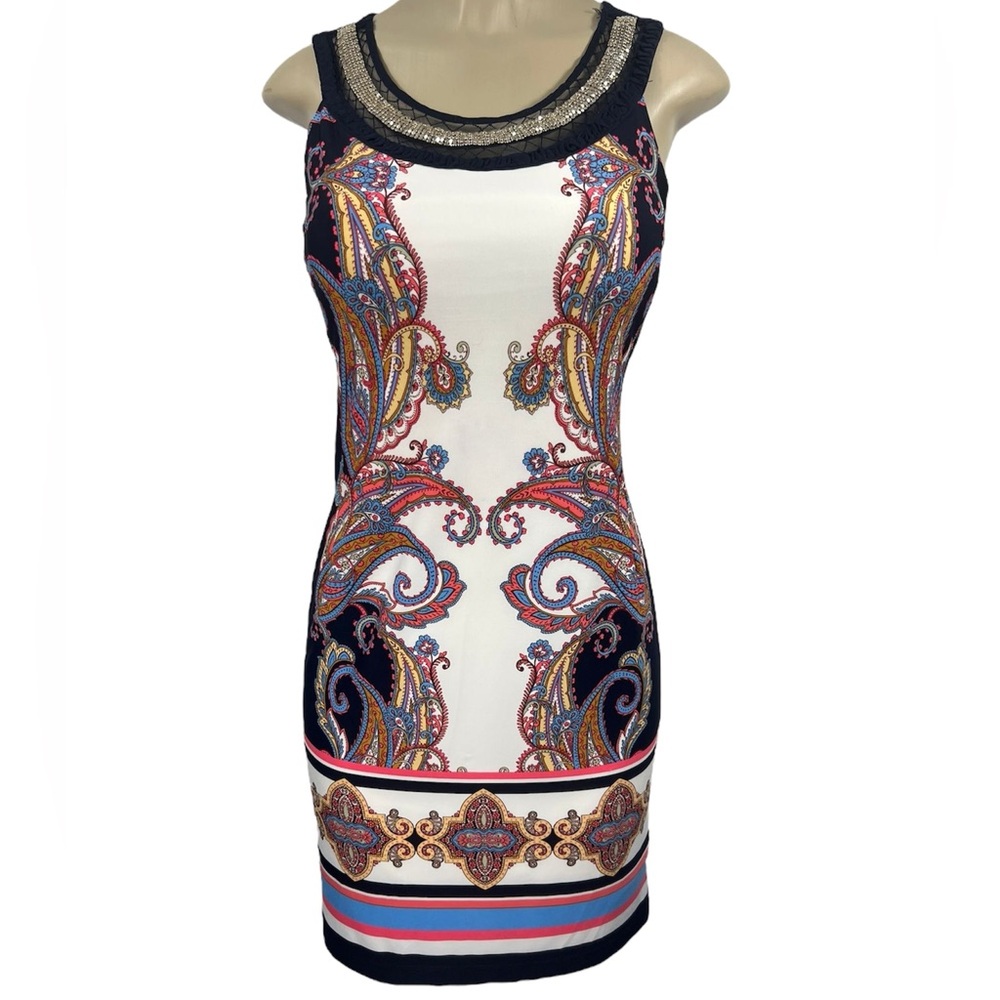 Boho Roz & Ali Women 4 Multicolor Paisley Round Neck With Decorative Trim Dress